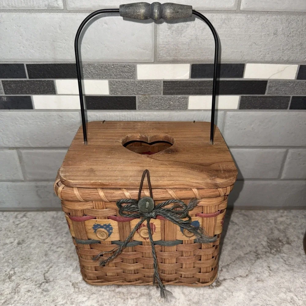 Vintage Tissue Box Basket Heart Cut Out Lid Primitive Cottage granny Core Handle